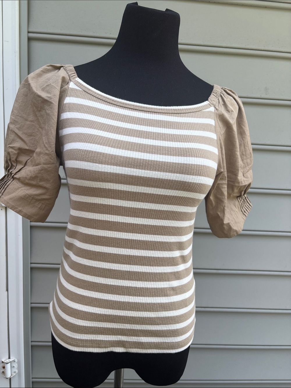 Striped Puff-Sleeve Knit Top in Beige and White